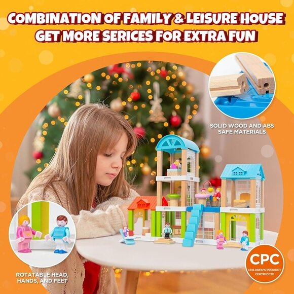 New 42-Piece Small Wooden Dollhouse Set, 4-Room Family Toy House with 4 Doll - Picture 4 of 8